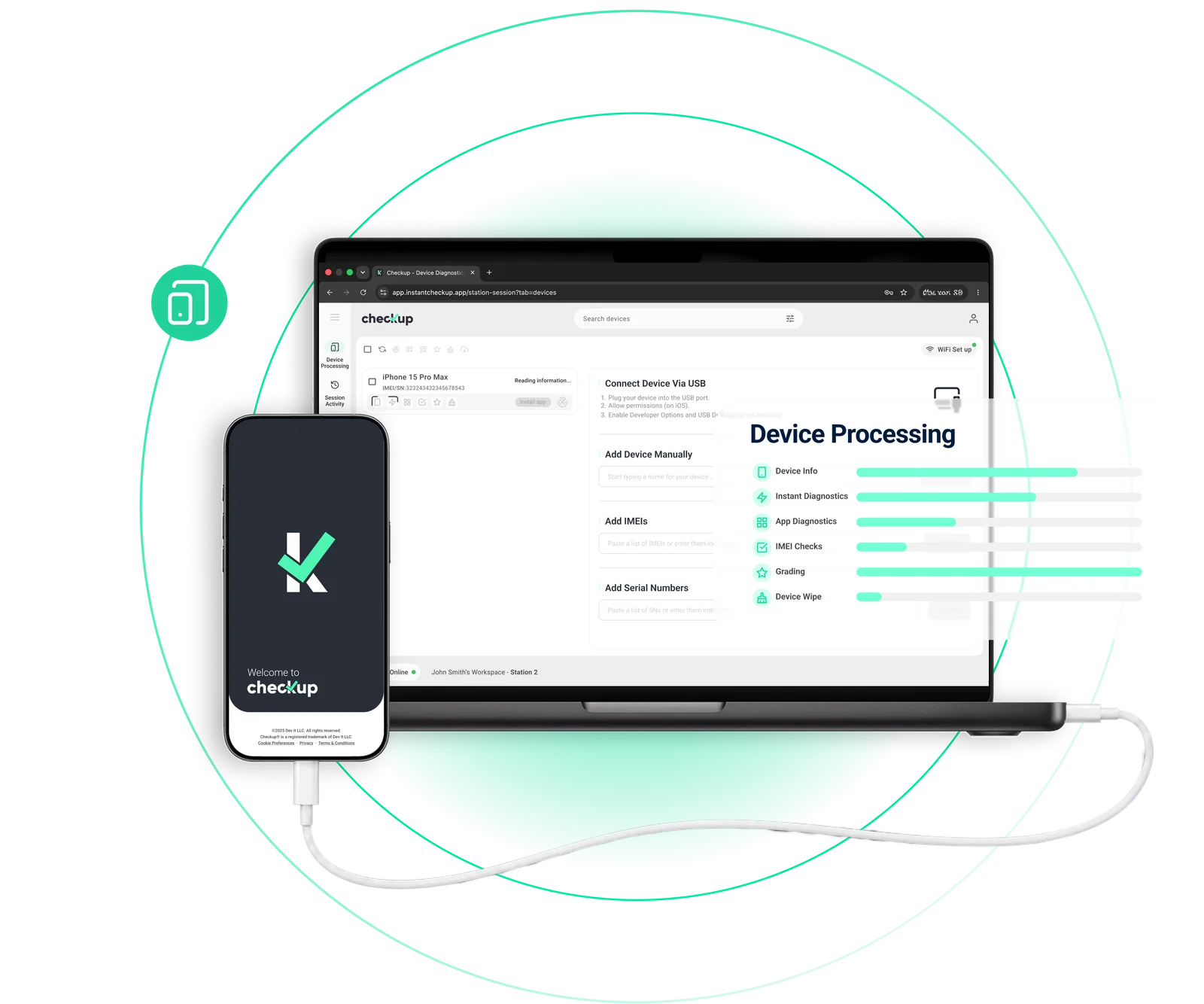 Checkup web workspace shown on a laptop beside the Checkup mobile app