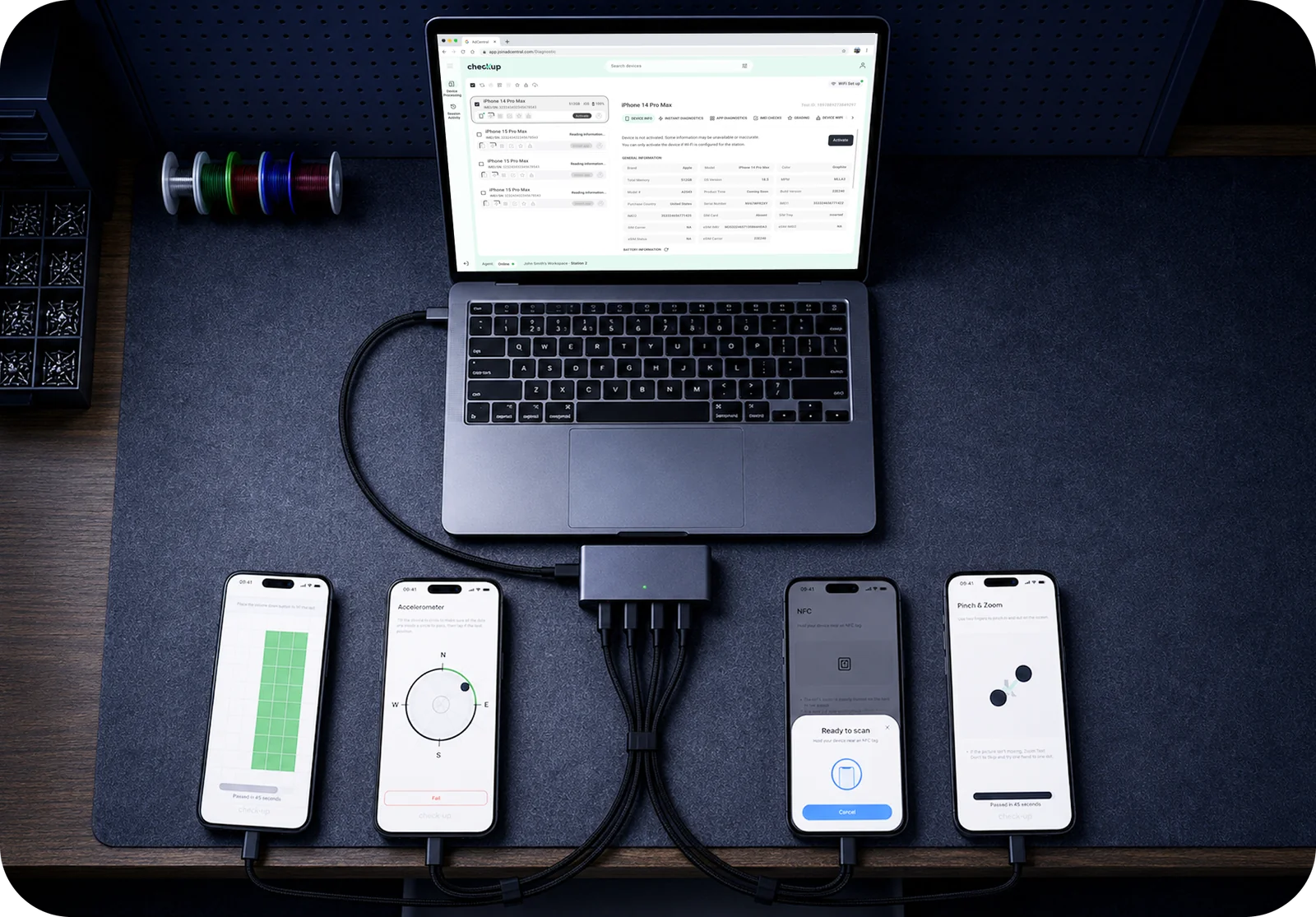 Two connected mobile devices running Checkup diagnostics beside the Checkup workspace