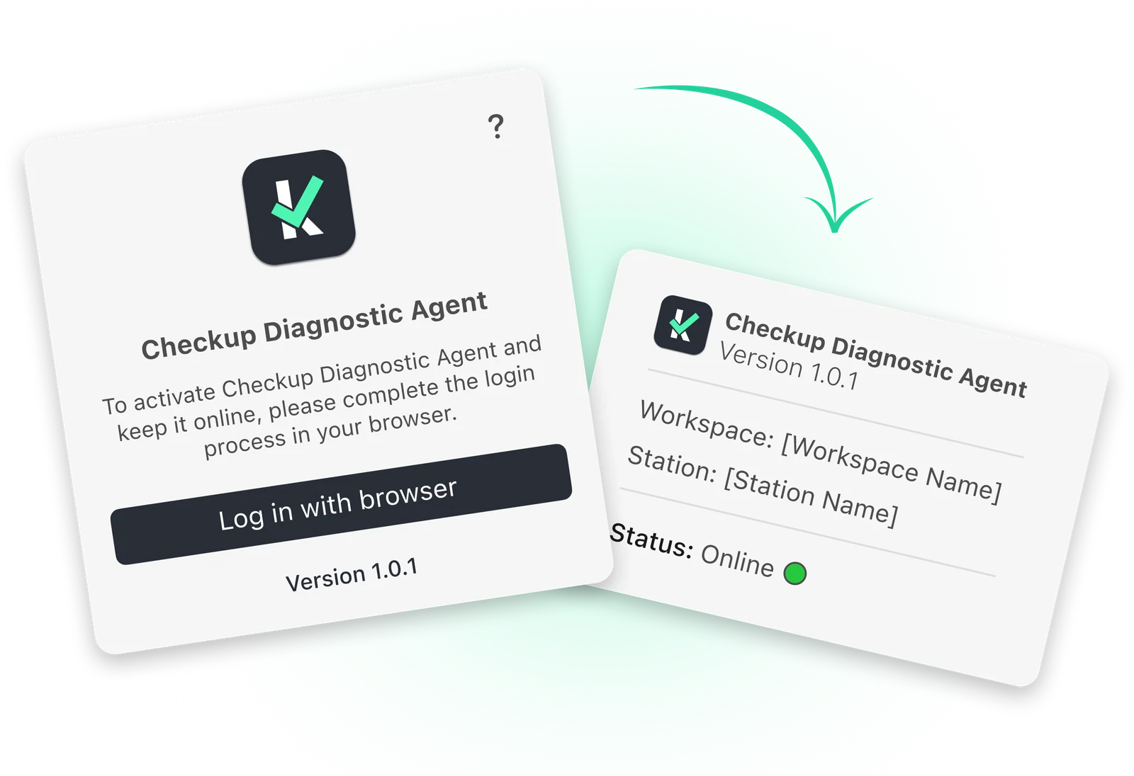 Checkup Diagnostic Agent activation flow leading to an online workspace station