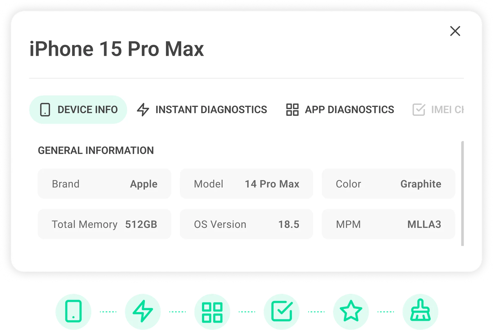 Checkup device overview showing device information alongside instant diagnostics, IMEI checks and grading