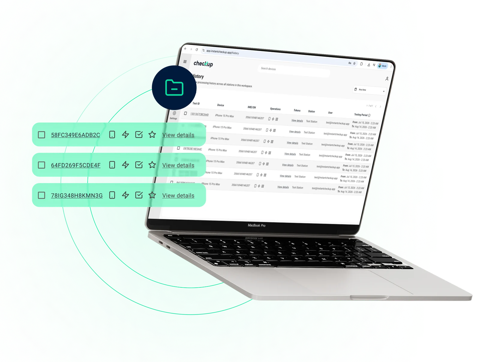 Checkup processing history showing device records, operations, stations and testing periods