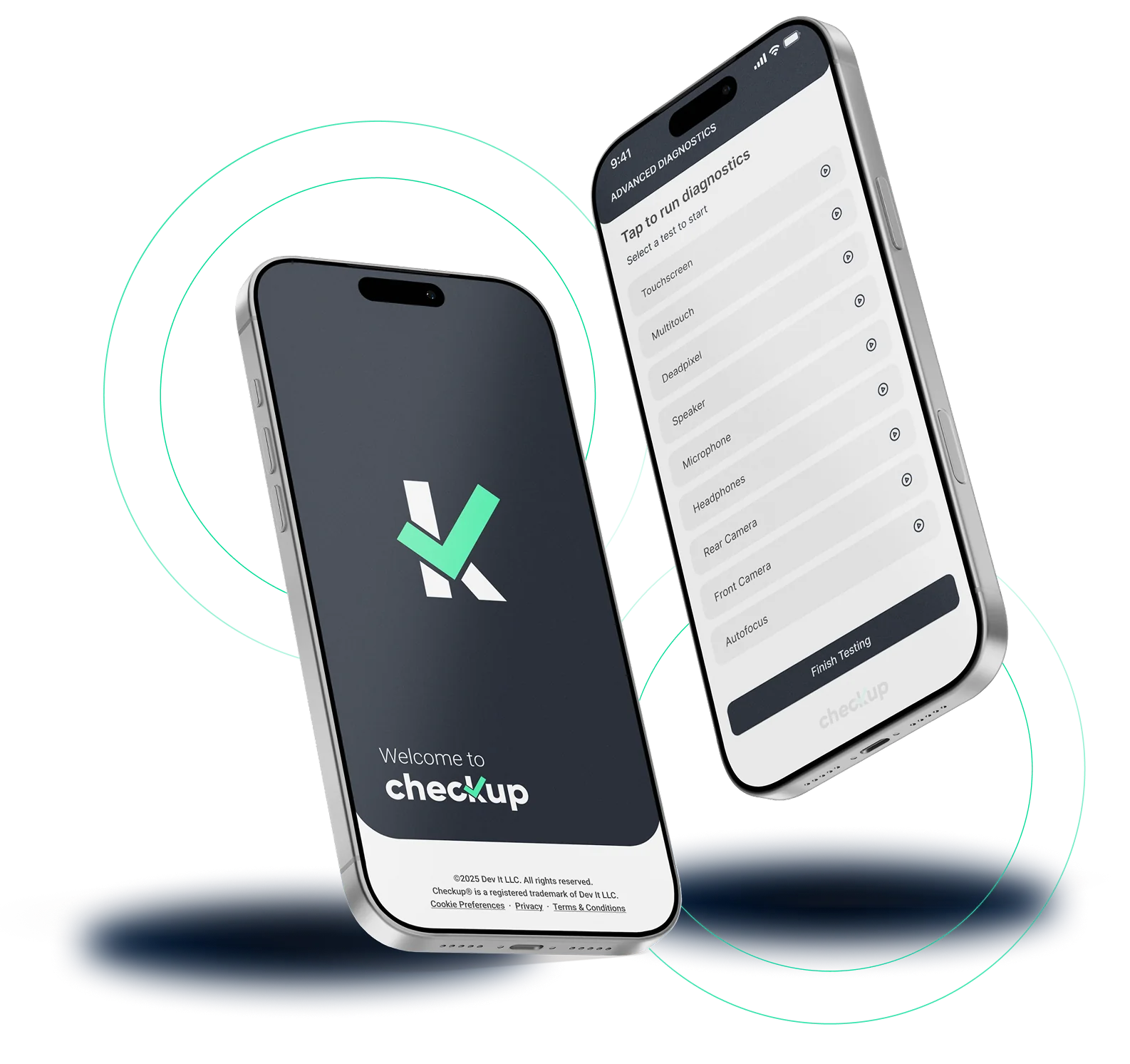 Checkup mobile diagnostics showing available device tests and their pass, fail or skipped results